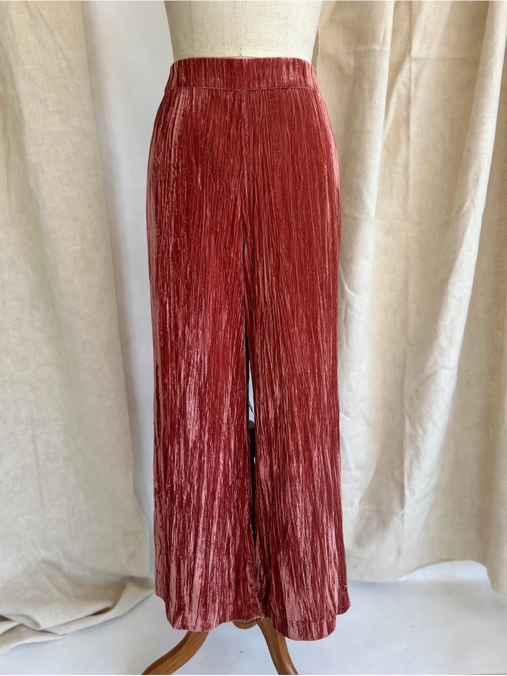 Sézane Crushed Velvet Wide Leg Trousers Red Pink High Rise Elastic Waist FR 38/6